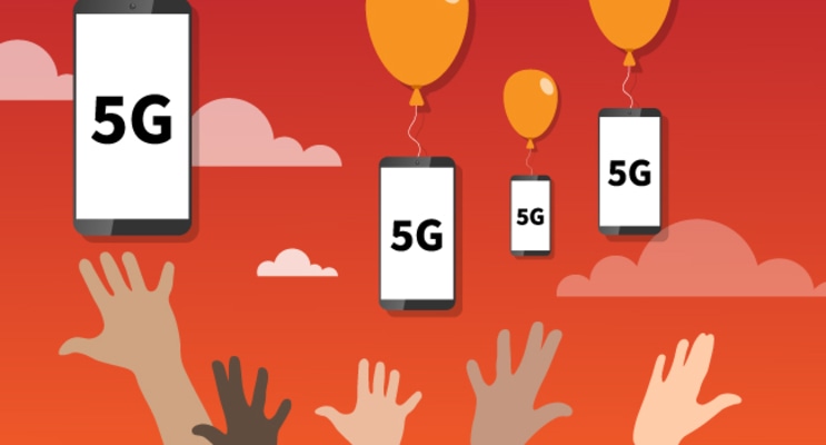 Handen proberen vijf G telefoons te pakken die aan een ballon hangen